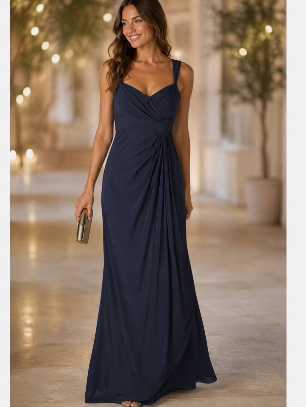 Amsale Navy Sleeveless Maxi Gown with Draped Side